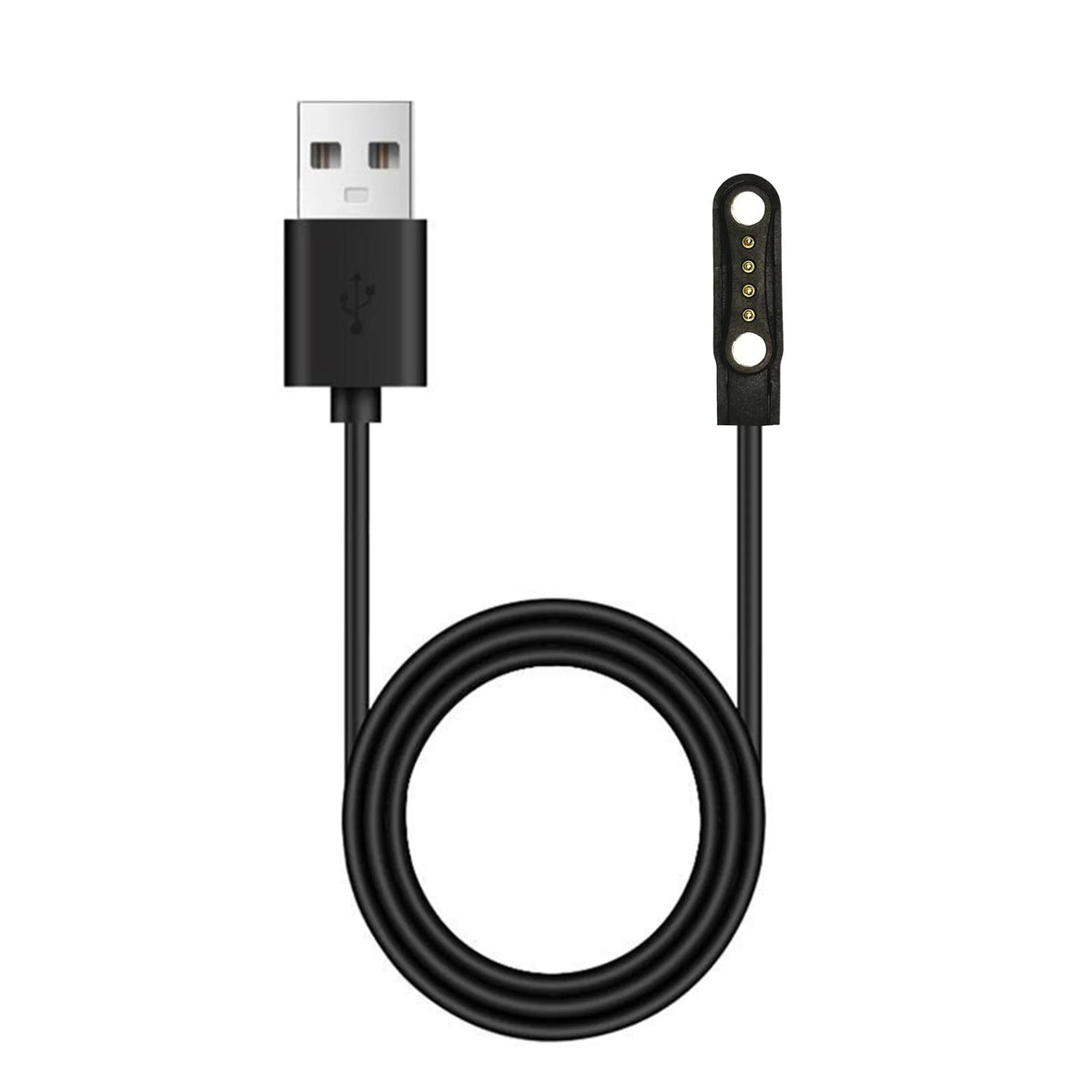 Magnetic pogo pin charging cable with USB-A plug and black cable, gold-contact connector
