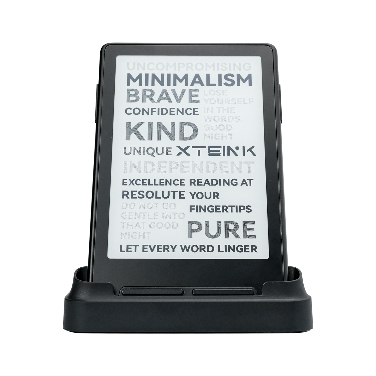 Black Xteink pocket eReader front with text screen, in charging stand.