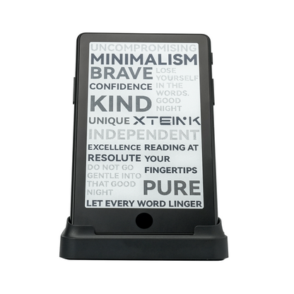 Black pocket eReader with stand, screen showing motivational text