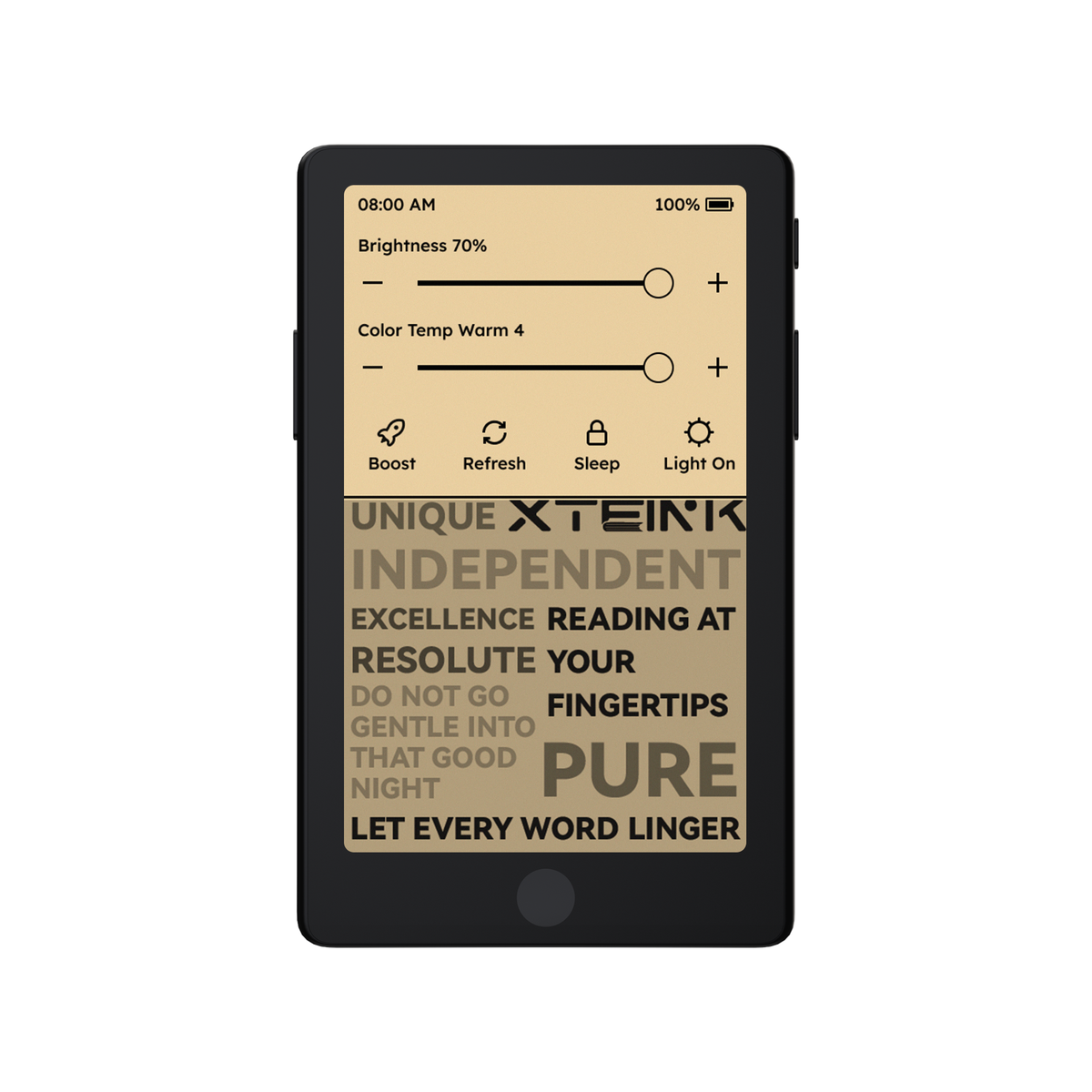 Black pocket eReader screen with brightness and color temperature controls