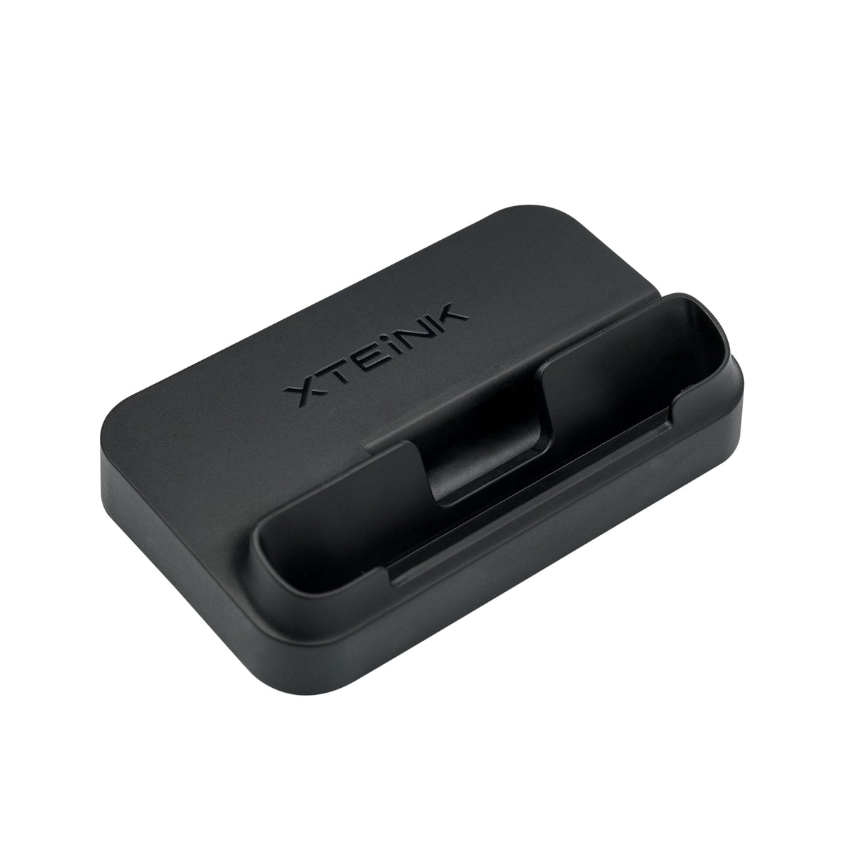 Dark charging dock base with front slot and recessed charging contacts