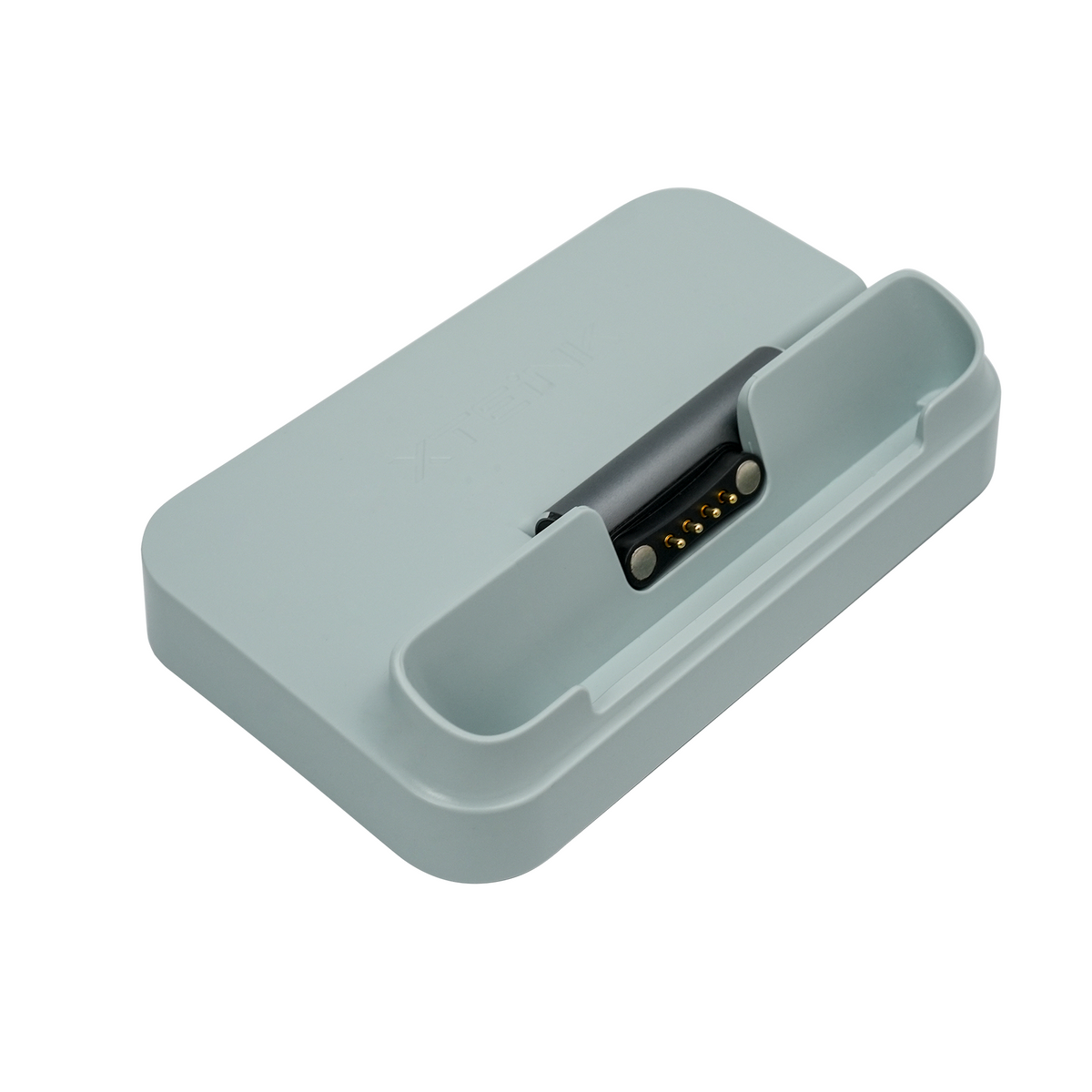 Magnetic charging adapter with mist gray base, open port and gold pin connector