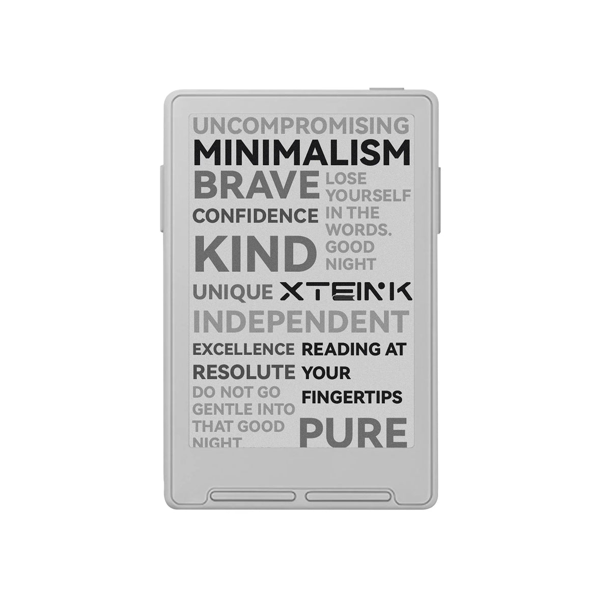 Light gray Xteink pocket eReader front with text screen.