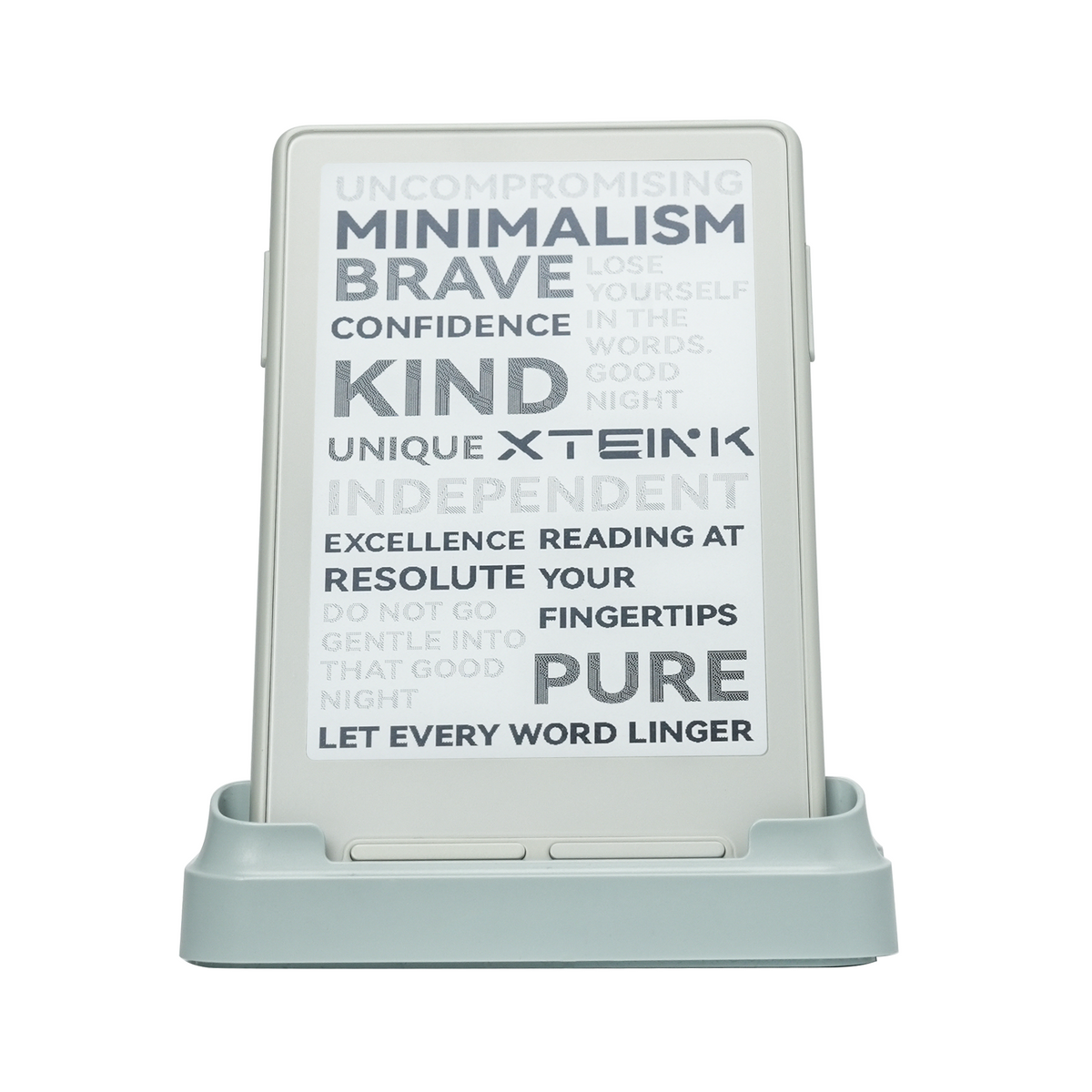 Light gray Xteink pocket eReader on base, text screen visible.
