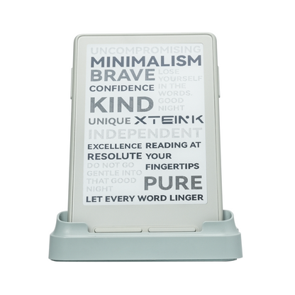 Light gray Xteink pocket eReader on base, text screen visible.