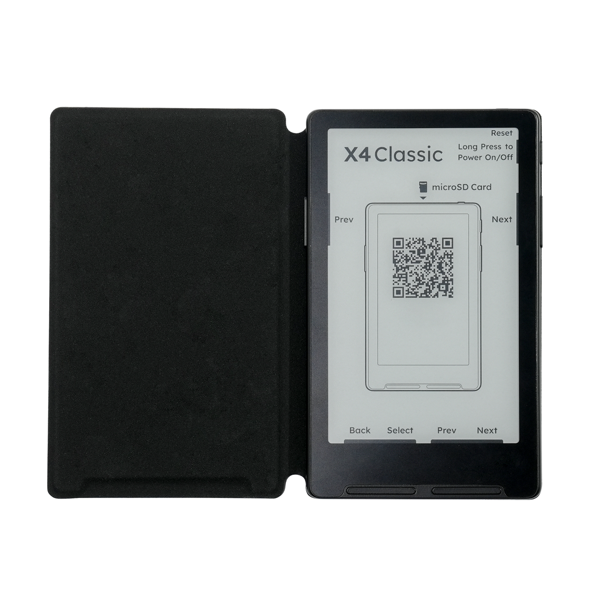 Black magnetic folio case open with e-reader displaying QR screen