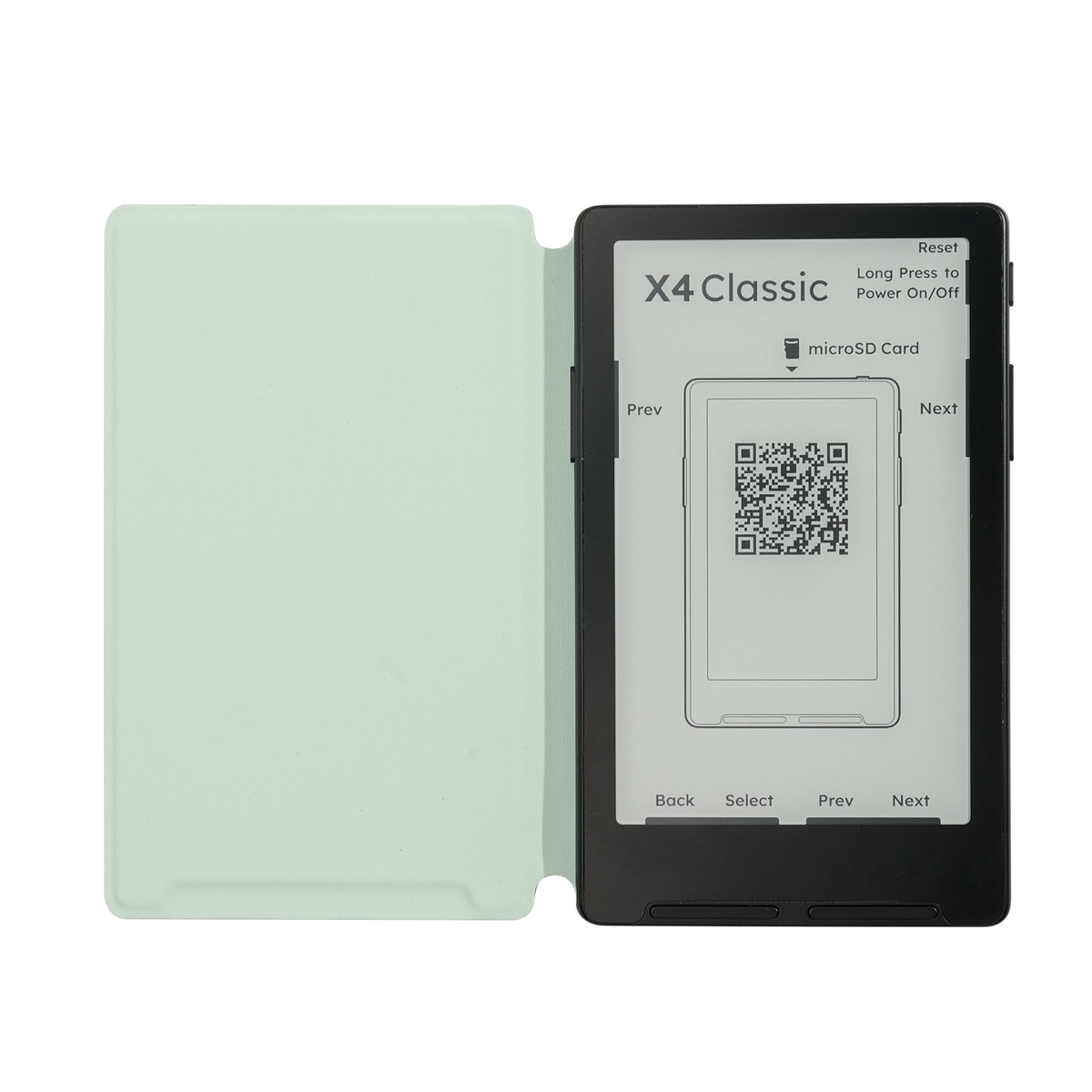 Mint green magnetic folio case open with e-reader displaying QR screen