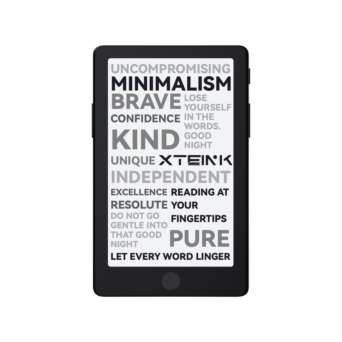 Black pocket eReader front with screen text and “PURE” display