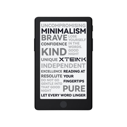 Black pocket eReader front with screen text and “PURE” display