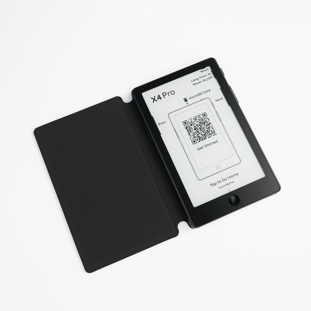 Magnetic folding case open with device screen, black cover, QR code card visible