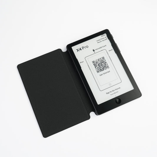 Magnetic folding case open with device screen, black cover, QR code card visible