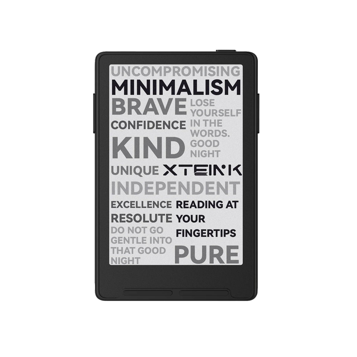 Black Xteink pocket eReader front with inspirational text on screen.