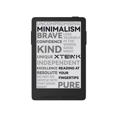Black Xteink pocket eReader front with inspirational text on screen.