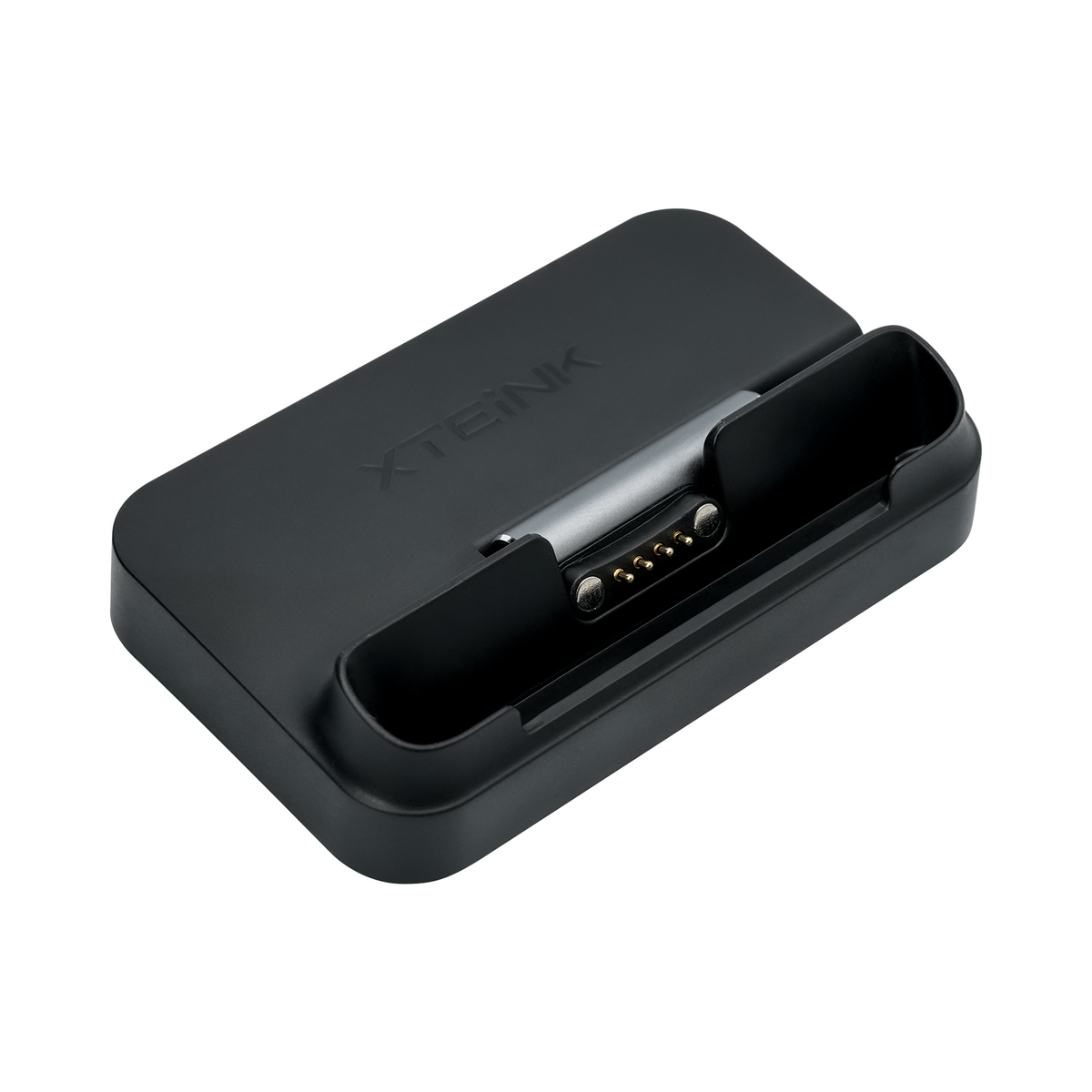 Magnetic charging adapter with black base, angled port view with gold pins