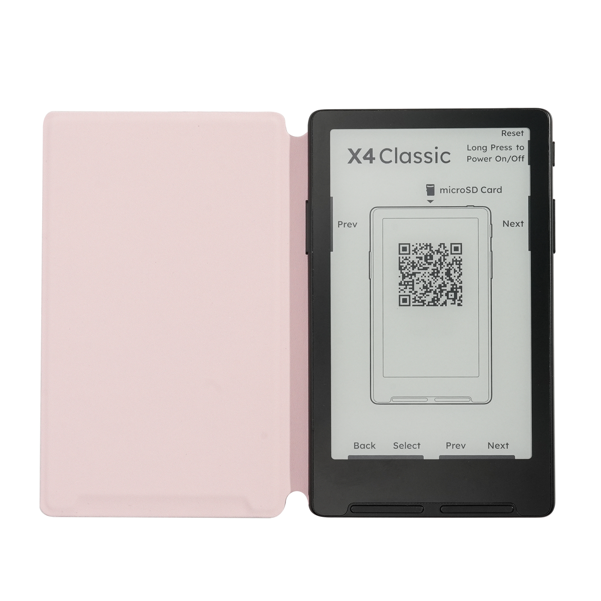 Light pink magnetic folio case open with e-reader displaying QR screen