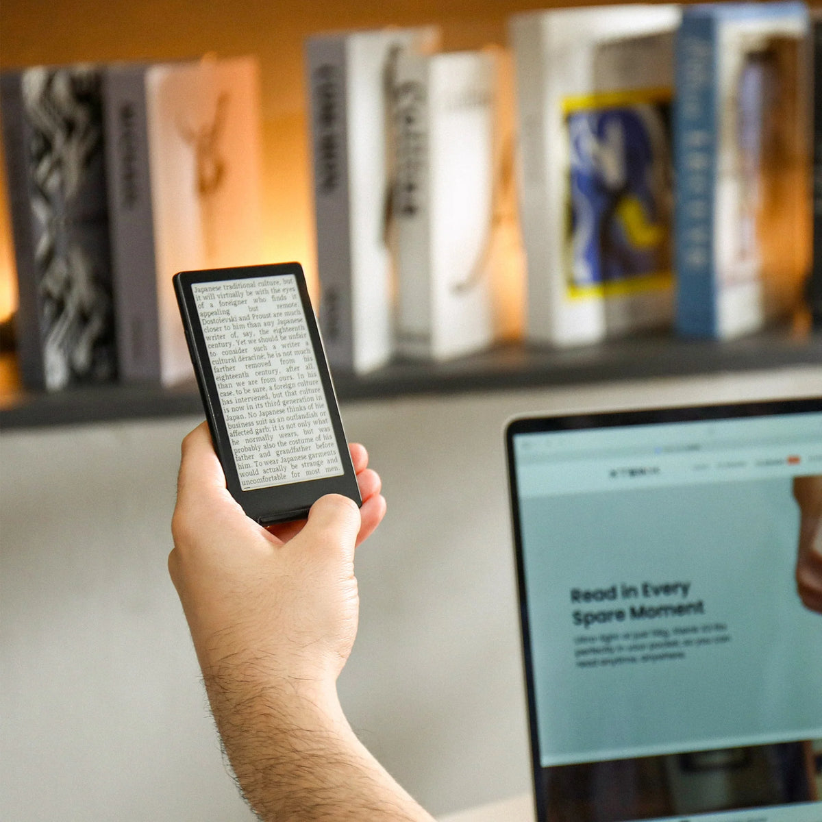 Xteink pocket eReader held in hand, dark screen showing text
