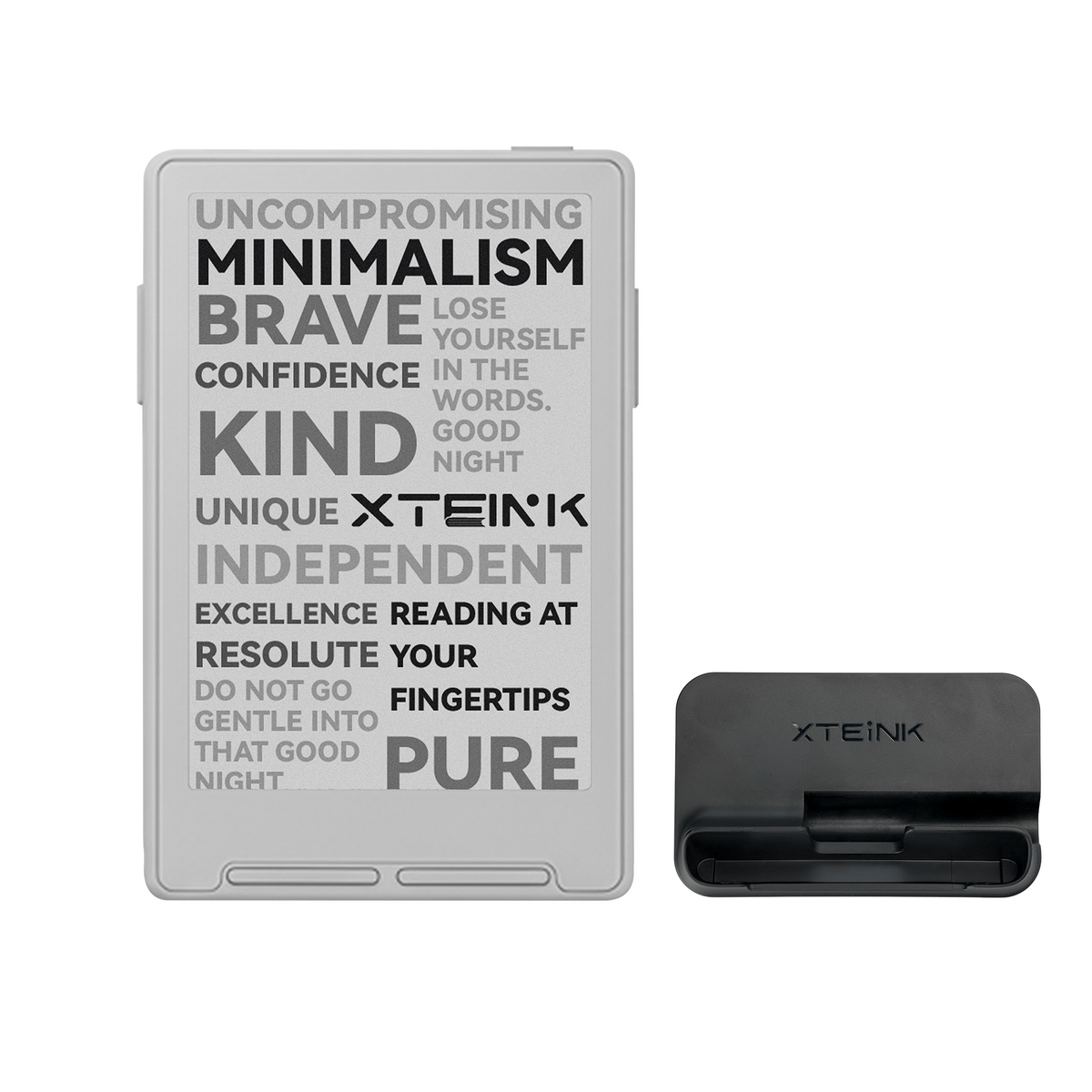 Gray Xteink pocket eReader front with text, plus dock base.