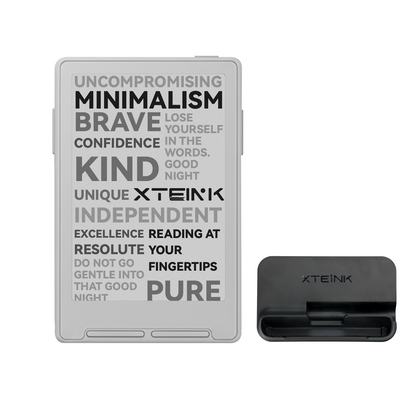 Gray Xteink pocket eReader front with text, plus dock base.