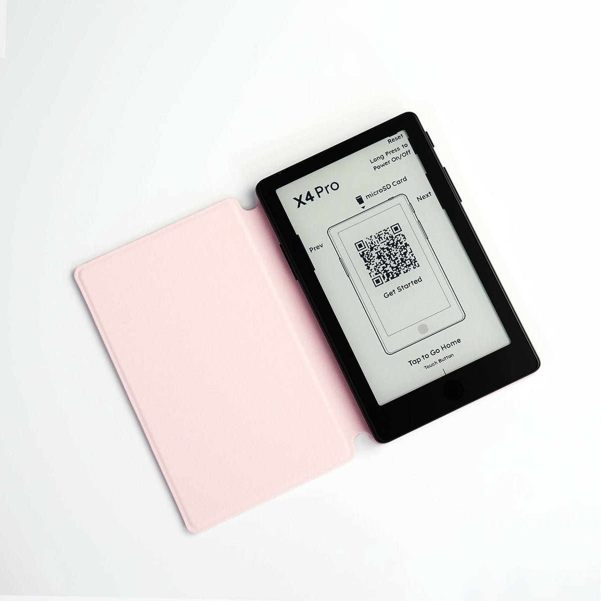 Magnetic folding case open with device screen, pink cover, QR code card visible