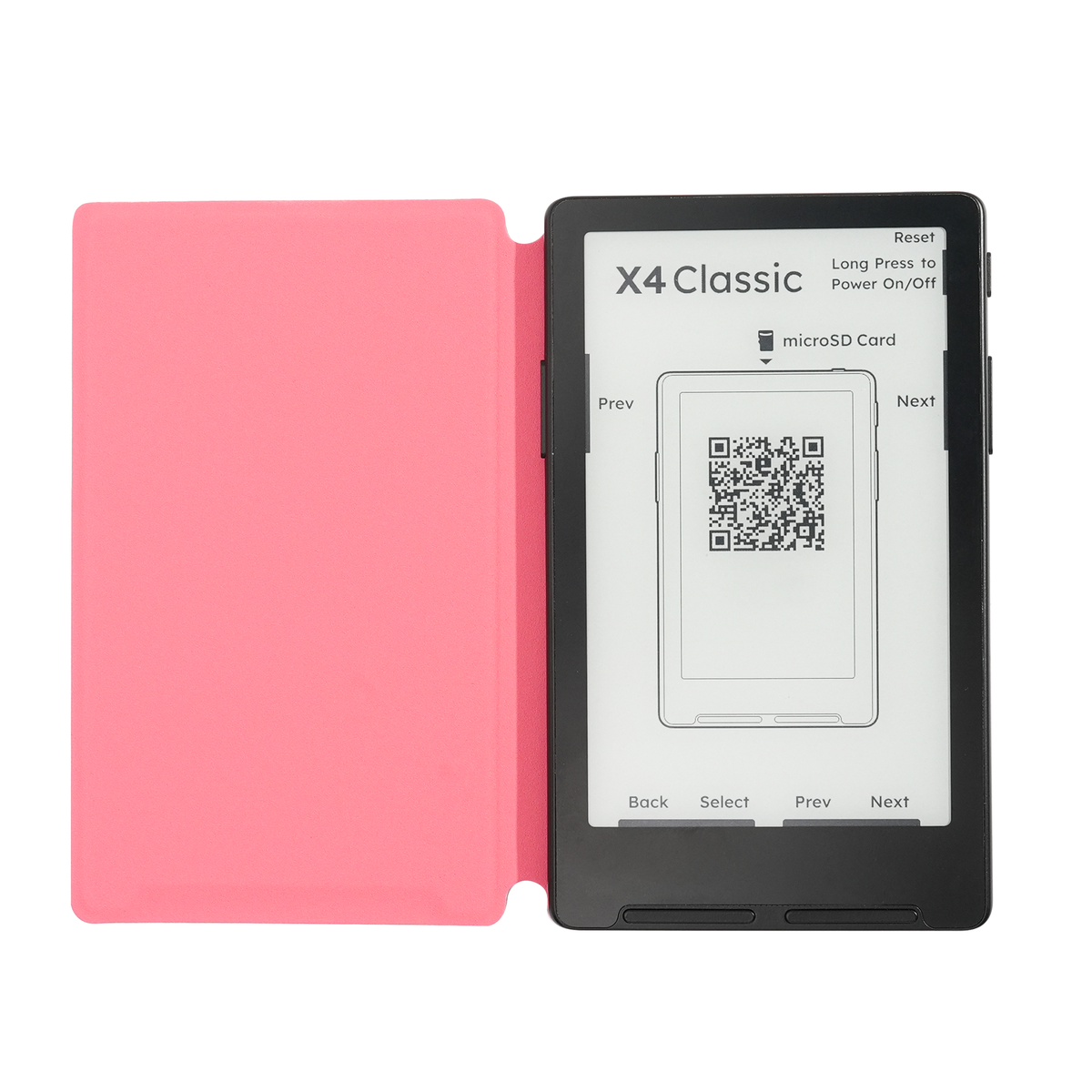 Pink magnetic folio case open with e-reader displaying QR screen