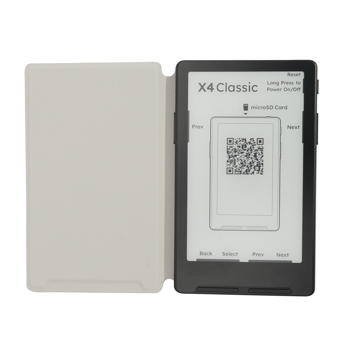 Beige magnetic folio case open with e-reader displaying QR screen