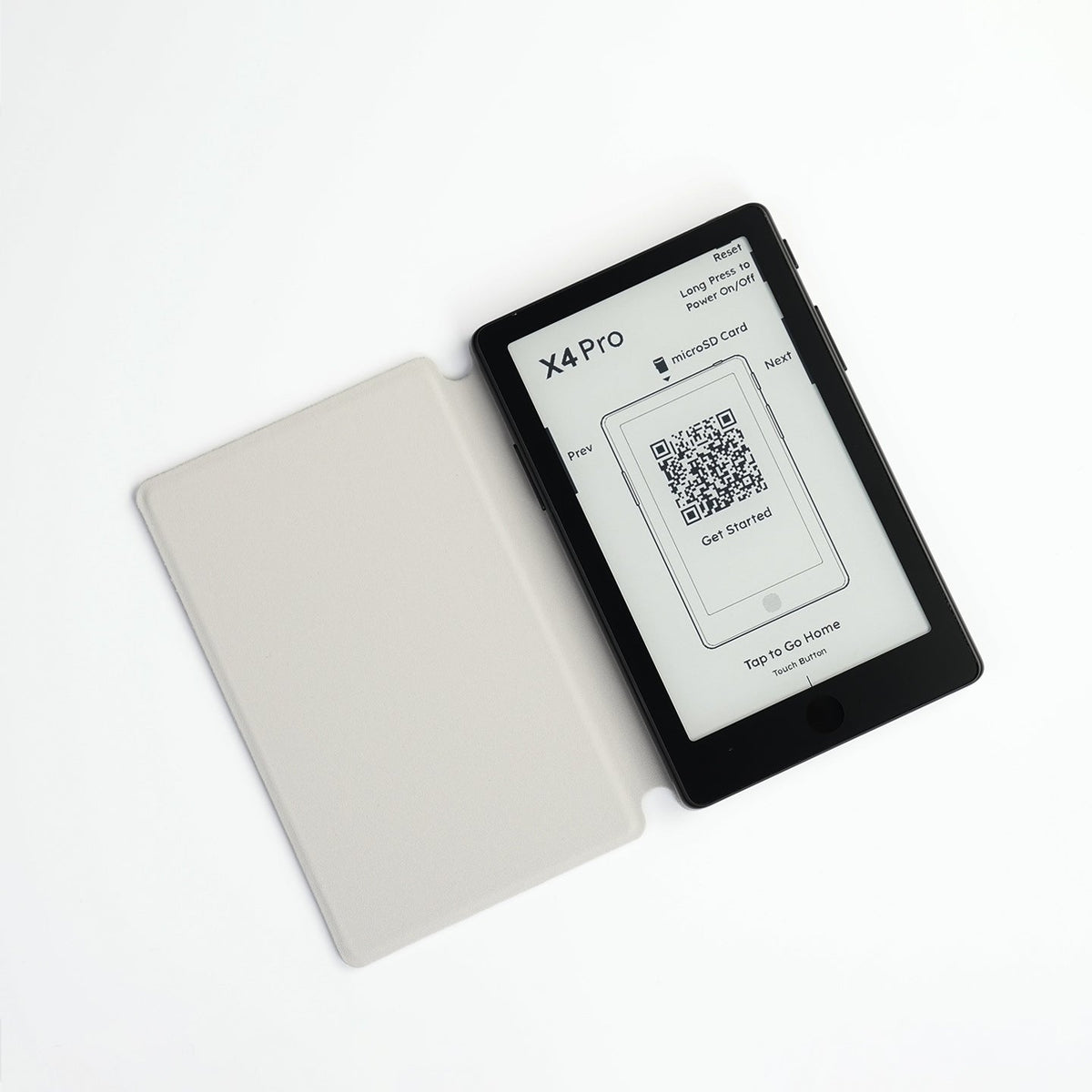 Magnetic folding case open with device screen, light gray cover, QR code card visible