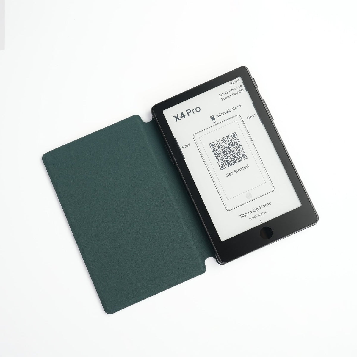 Magnetic folding case open with device screen, dark green cover, QR code card visible
