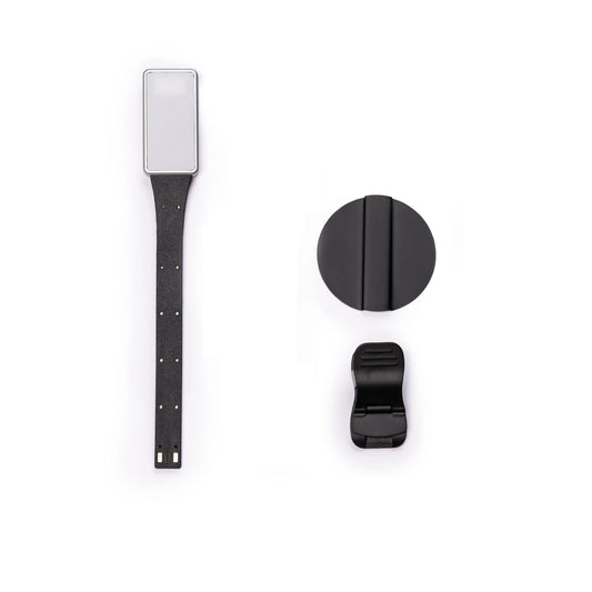 Magnetic eReader light strap with rectangular LED module and clip, plus round magnet