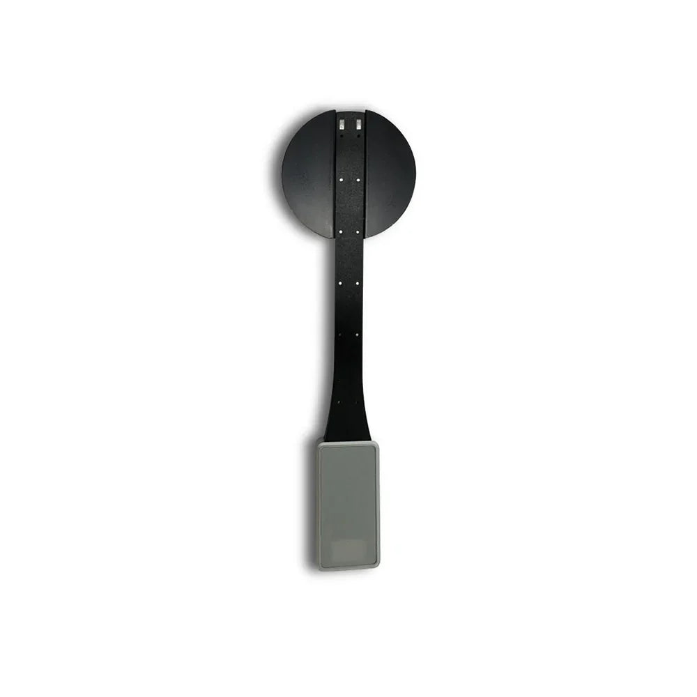Black wall-mounted eReader holder with circular backplate and adjustable arm for secure device display
