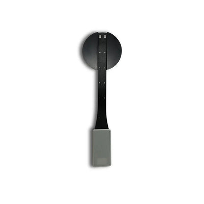 Black wall-mounted eReader holder with circular backplate and adjustable arm for secure device display