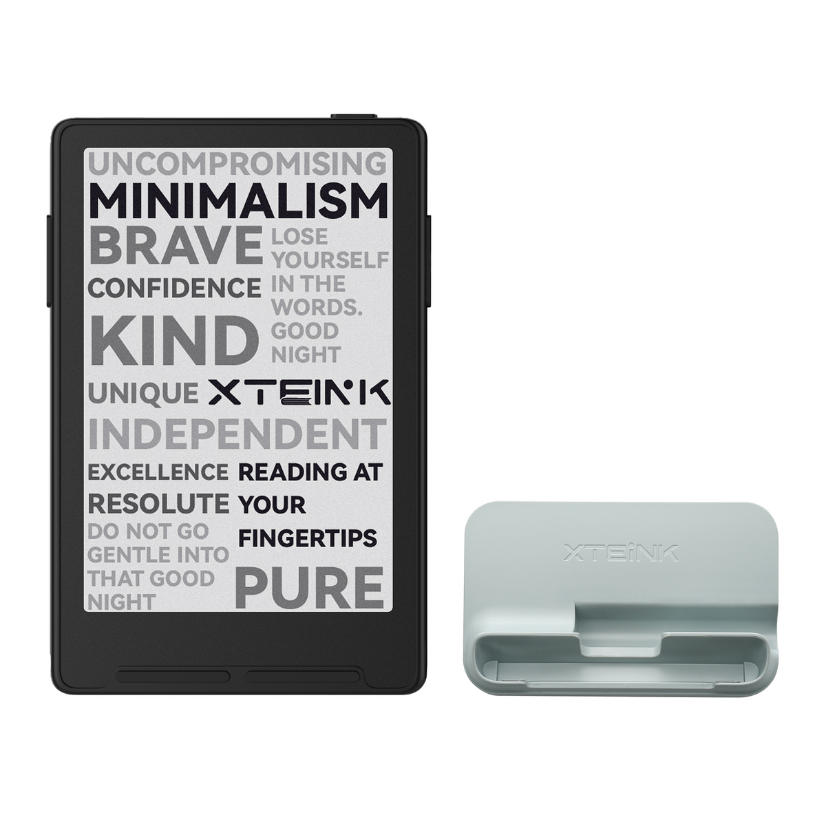 Black and gray Xteink pocket eReaders with matching dock bases shown together.