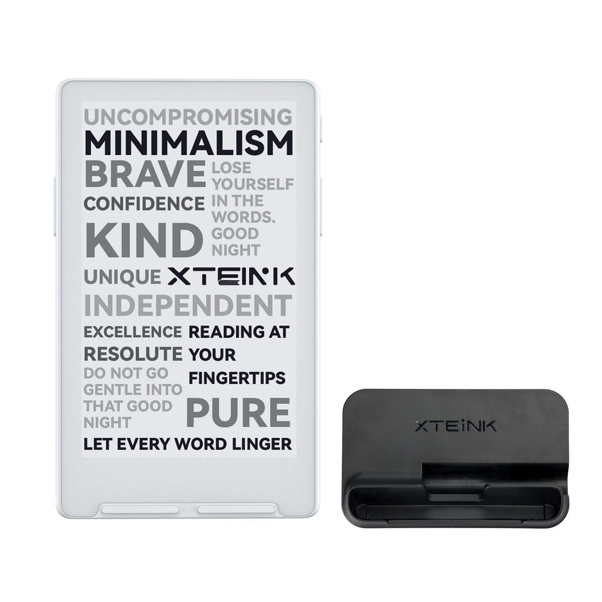 Xteink pocket eReader with lit screen and black charging dock cradle