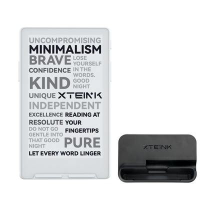 Xteink pocket eReader with lit screen and black charging dock cradle