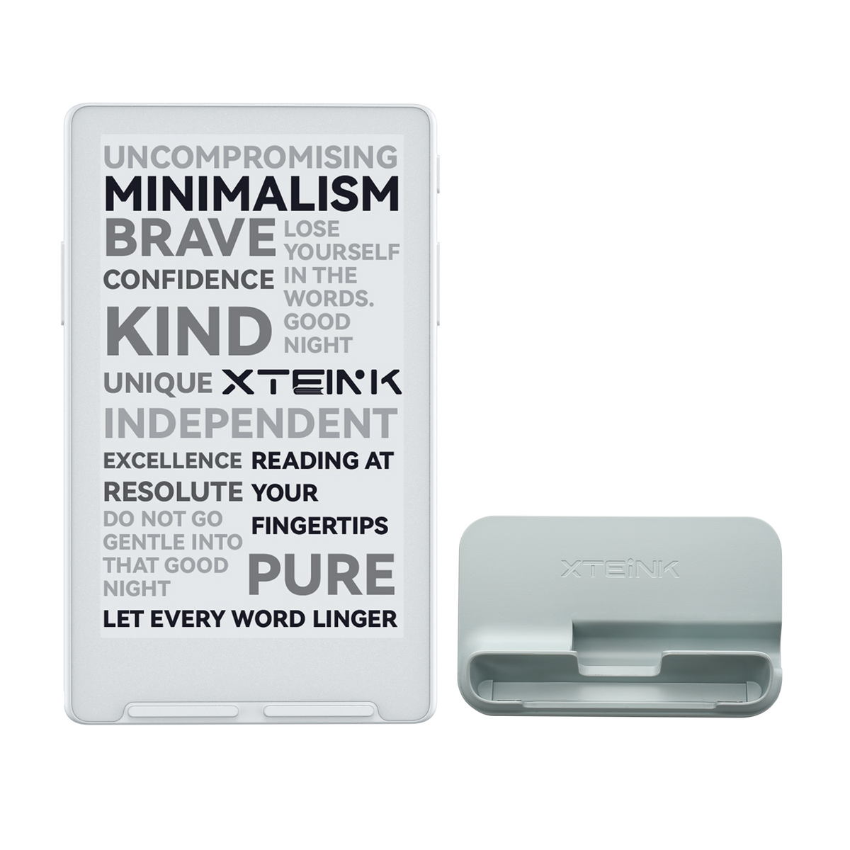 Xteink pocket eReader with lit display and pale charging dock cradle