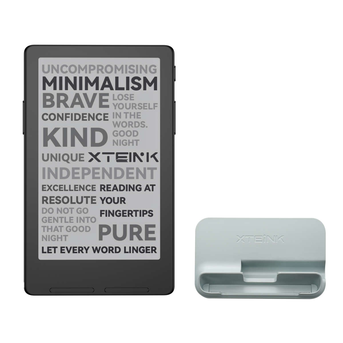 Xteink pocket eReader with lit screen and pale dock cradle, black set