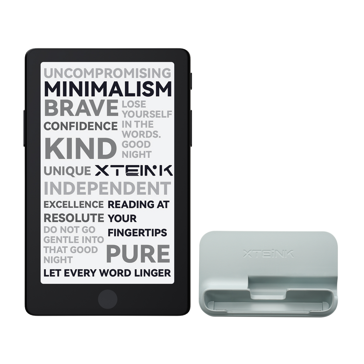Xteink X4 Pro pocket eReader with dark screen and light gray charging stand