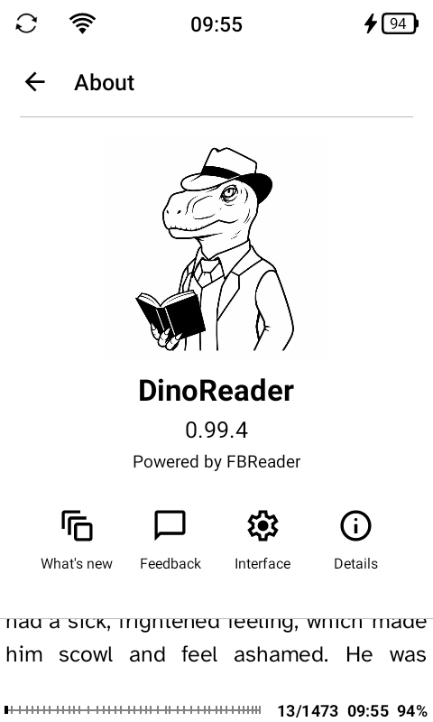 Čtecí aplikace DinoReader pro zařízení s elektronickým inkoustem se systémem Android.