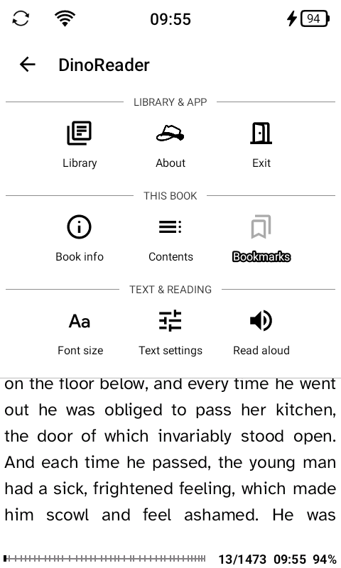 Čtecí aplikace DinoReader pro zařízení s elektronickým inkoustem se systémem Android.