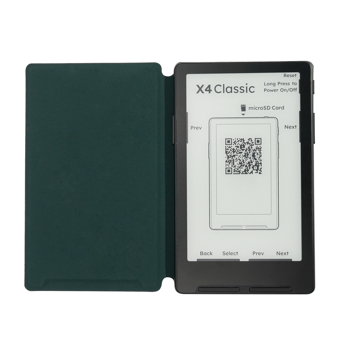 Dark green magnetic folio case open with e-reader displaying QR screen