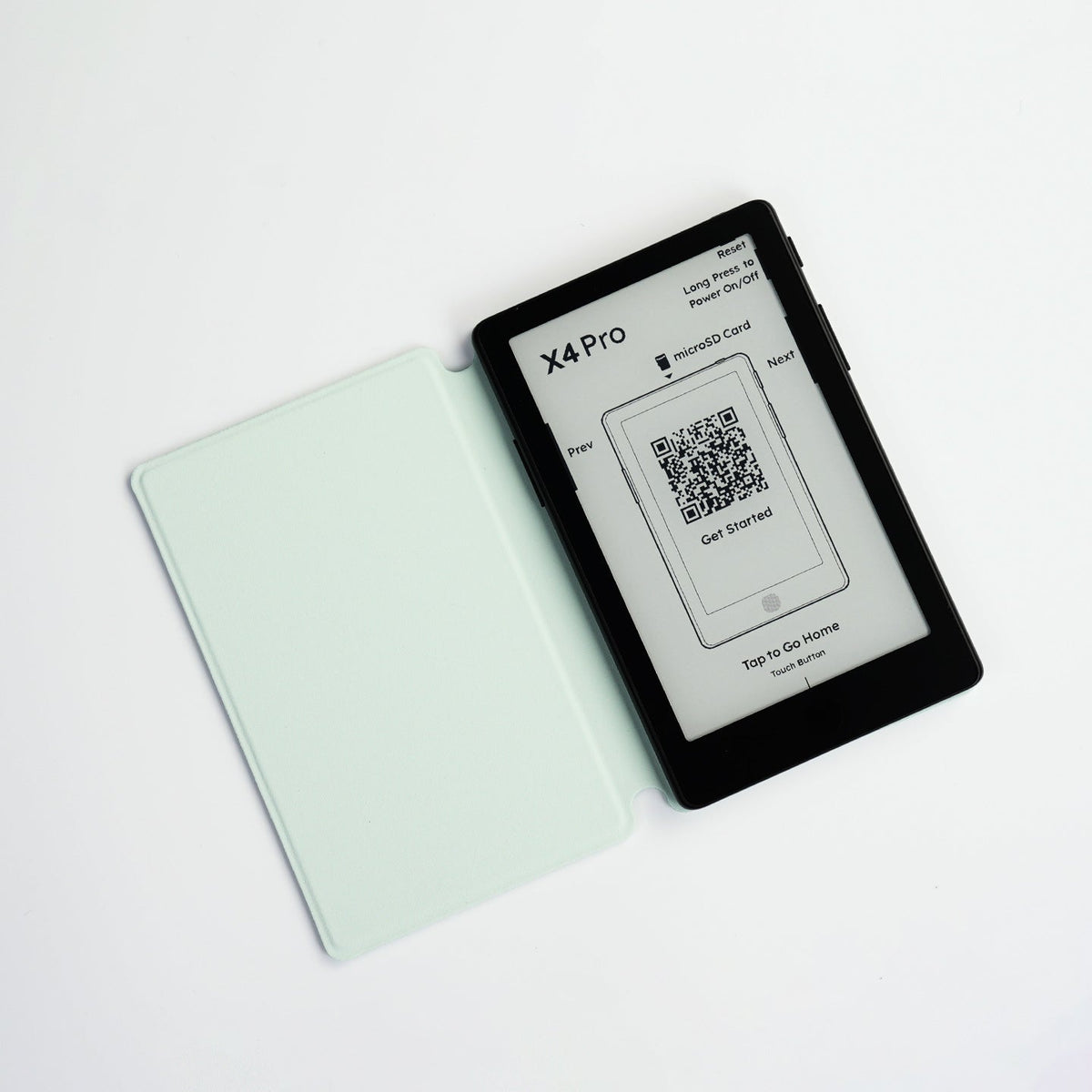 Magnetic folding case open with device screen, light mint cover, QR code card visible