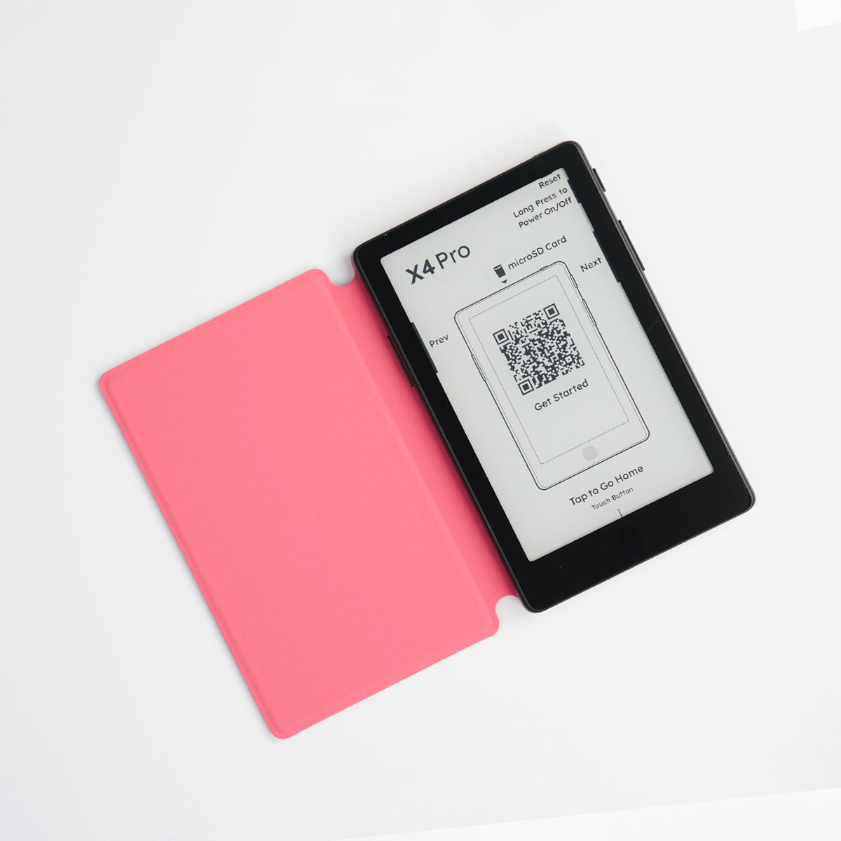 Magnetic folding case open with device screen, coral pink cover, QR code card visible